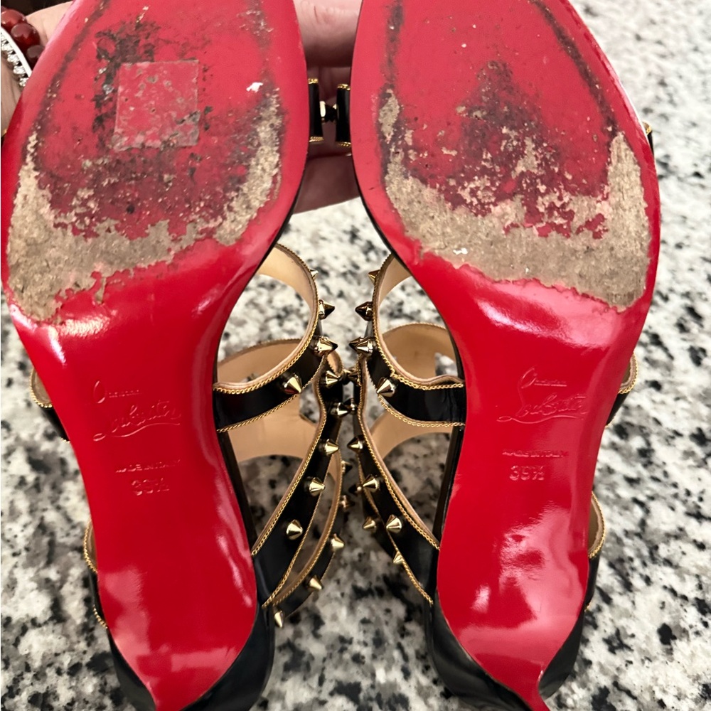 👠 Christian Louboutin Red Bottoms- Black and Gold Strappy Studded Heels 39.5 - Picture 8 of 8